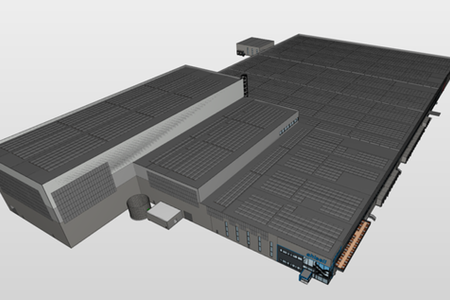 Solceller modellert på tak og fasader av Solcellespesialisten på eiendommen under utvikling av LC. Illustrasjon: Solcellespesialisten.