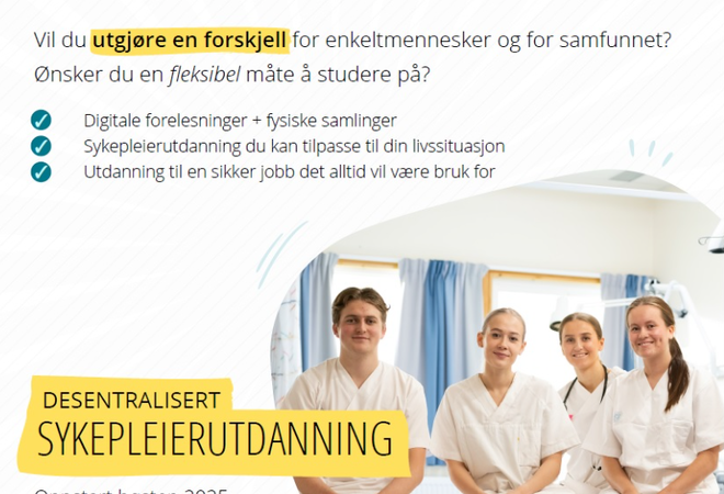 På bildet: Plakat med informasjon som står i artikkelen om teamsmøte med informasjon om desentralisert sykepleierutdanning.