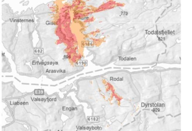 Kartutsnitt fra Telenor: Viser berørte områder