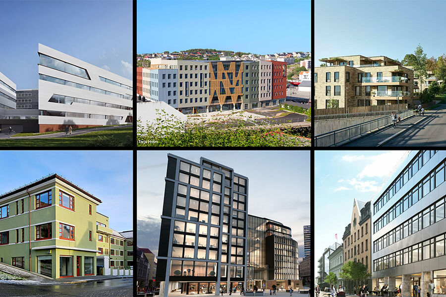 Øverst fra venstre: Forskningsparken Tromsø - bygg 4, Campus Kristiansund, Fagerlunden, Wasmuthgården, Stenersgata 1-3 og Øvre Vollgate 13