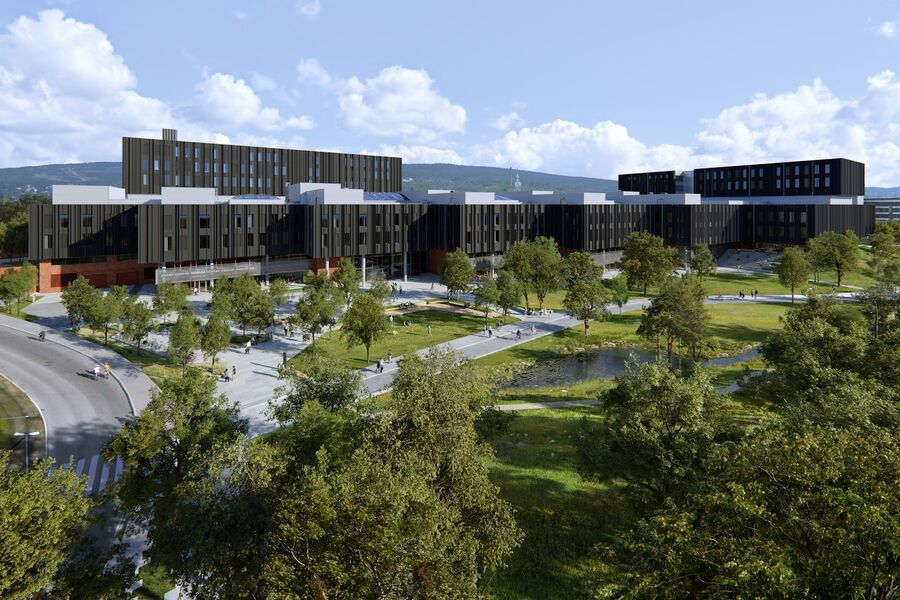 Livsvitenskapsbygget er landets største universitets- og sykehusbygg. Illustrasjon: Stasbygg 