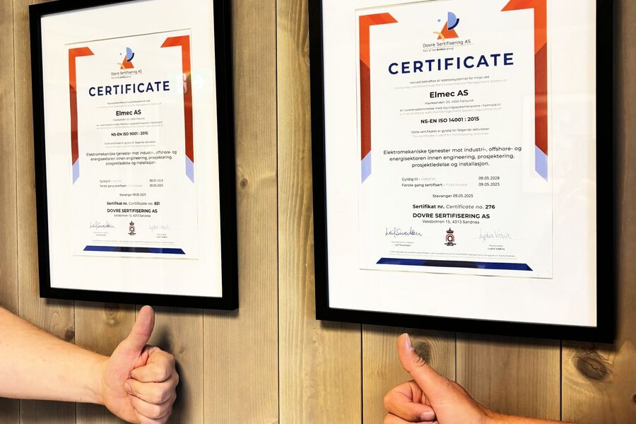 – Dette er et kvalitetsstempel – det viser at vi er en ansvarlig og fremtidsrettet aktør, både lokalt og globalt, melder selskapet. Foto: Elmec