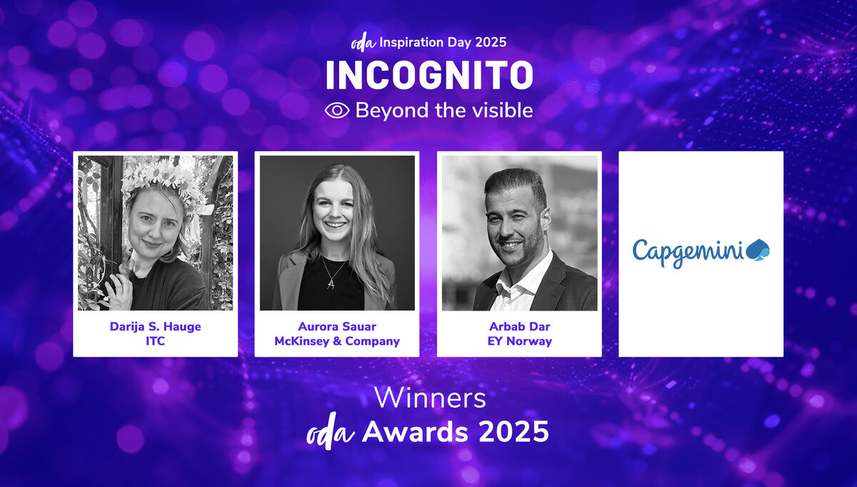 Darija S. Hauge (ITC), Aurora Sauar (McKinsey & Company), Arbab Dar (EY Norge) og Capgemini er vinnerne av ODA Awards 2025.