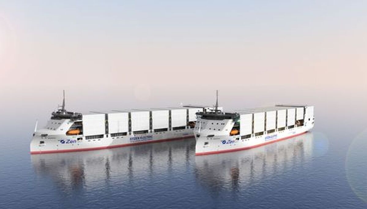 Disse containerskipene skal seile mellom Norge, Sverige og Tyskland. Illustrasjon: Naval Dynamic
