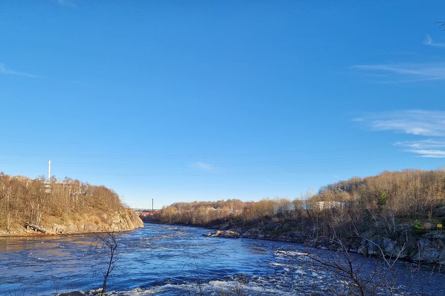 Glomma på strekningen der utløpstunnelen til Sarp 2 kraftverk vil komme ut. Foto: Tord Solvang/ NVE