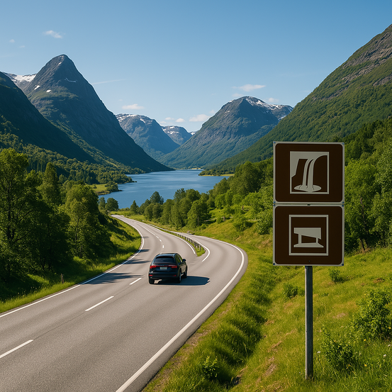 A scenic Norwegian road trip landscape in summer, with a winding road through majestic mountains, fj
