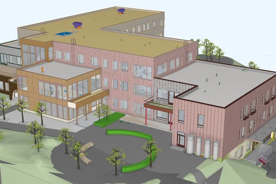 3D-modell av Tydal helsehus. Når bygget er ferdig vil det være på 6000 kvadratmeter. Illustrasjon: FuglesangDahl