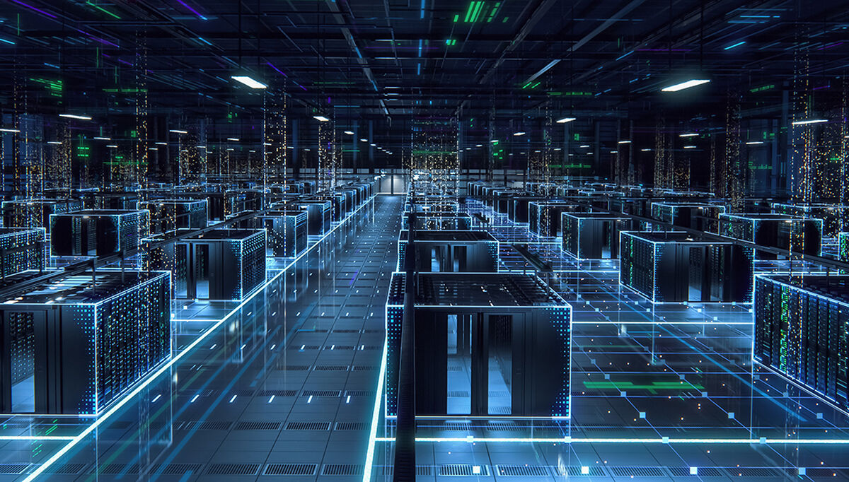Big Data Technology Center Server Racks in Dark Room with VFX. F