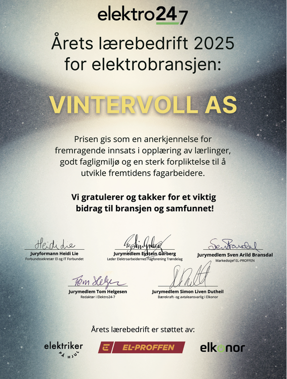 Diplomet som vil få en synlig plass hos Vintervoll. Det er Elektro 24-7 som står bak kåringen «Årets lærebedrift» i elektrofagene i samarbeid med Elkonor, Elektriker på hjul og EL-PROFFEN.