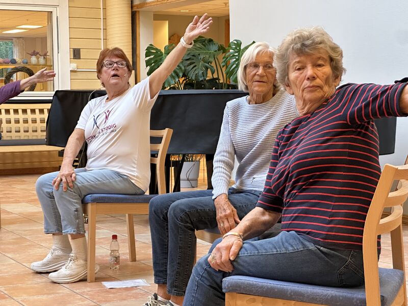 Klokka 1000: Eldbjørg instruerer på «Sterk og Stødig» - her sammen med to  faste deltakere: Liv Fredheim (i midten) og Berit Hunstuen.