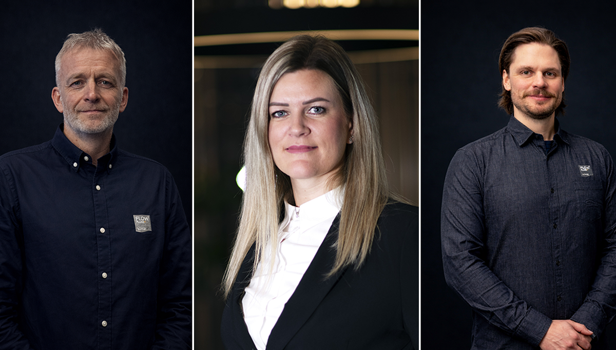 På bildet ser vi de tre nyansatte i FLOW Pluss Norge. Fra venstre, Lars Haugrønning, Siv Merethe Berge Røsland, og Joachim Thu Danielsen.