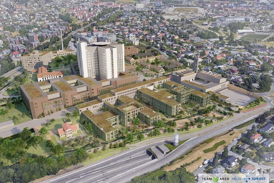 Nye Aker sykehus skal bygges ut i etapper, og etter planen vil pasienter kunne tas i mot fra 2030. Prosjektet vil ha et bruttoareal på omtrent 171.000 kvadratmeter, hvorav 152.000 kvadratmeter er nybygg og ombygging av 19.000 kvadratmeter med eksisterende bygningsmasse. Foto: Team Aker
