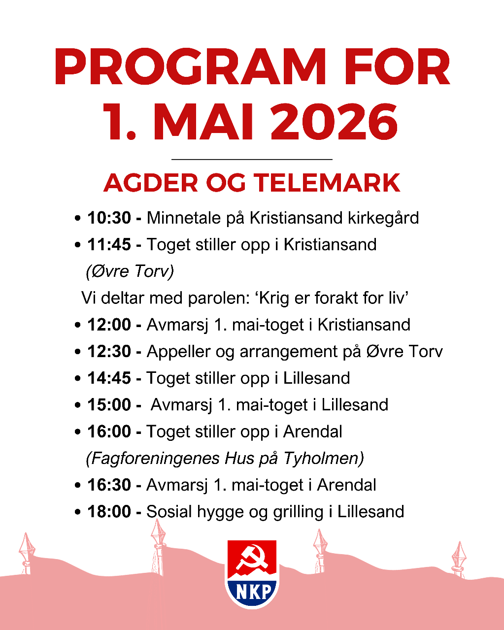 Program 1. mai Kristiansand 2026