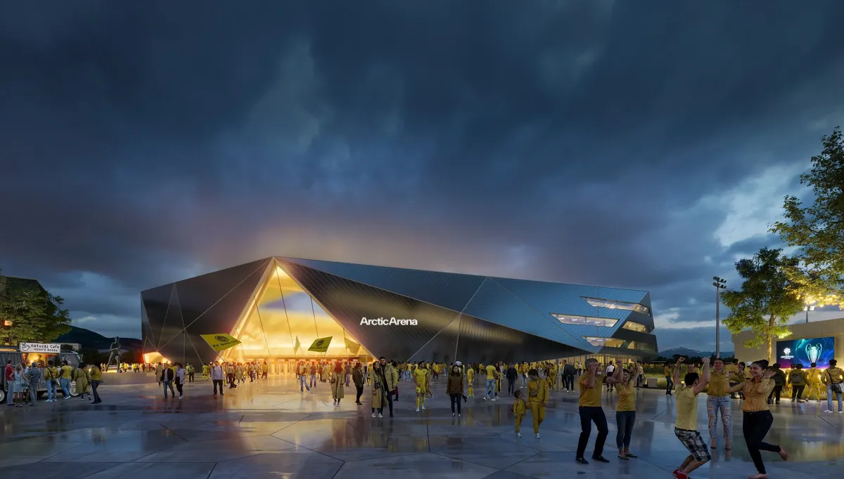 Haneseth skal levere det elektroniske anlegget og automasjonen til Bodø/Glimts nye stadion. Illustrasjon: Nordic Office of Architecture