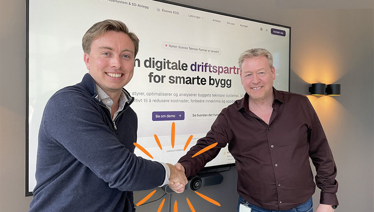 André Eiklid, gründer av Econex, og daglig leder i Instell, Jo Jessen. Nå skal selskapene levere en komplett verdikjede for SD-anlegg og toppsystemer. Anne Design uten navn - 2