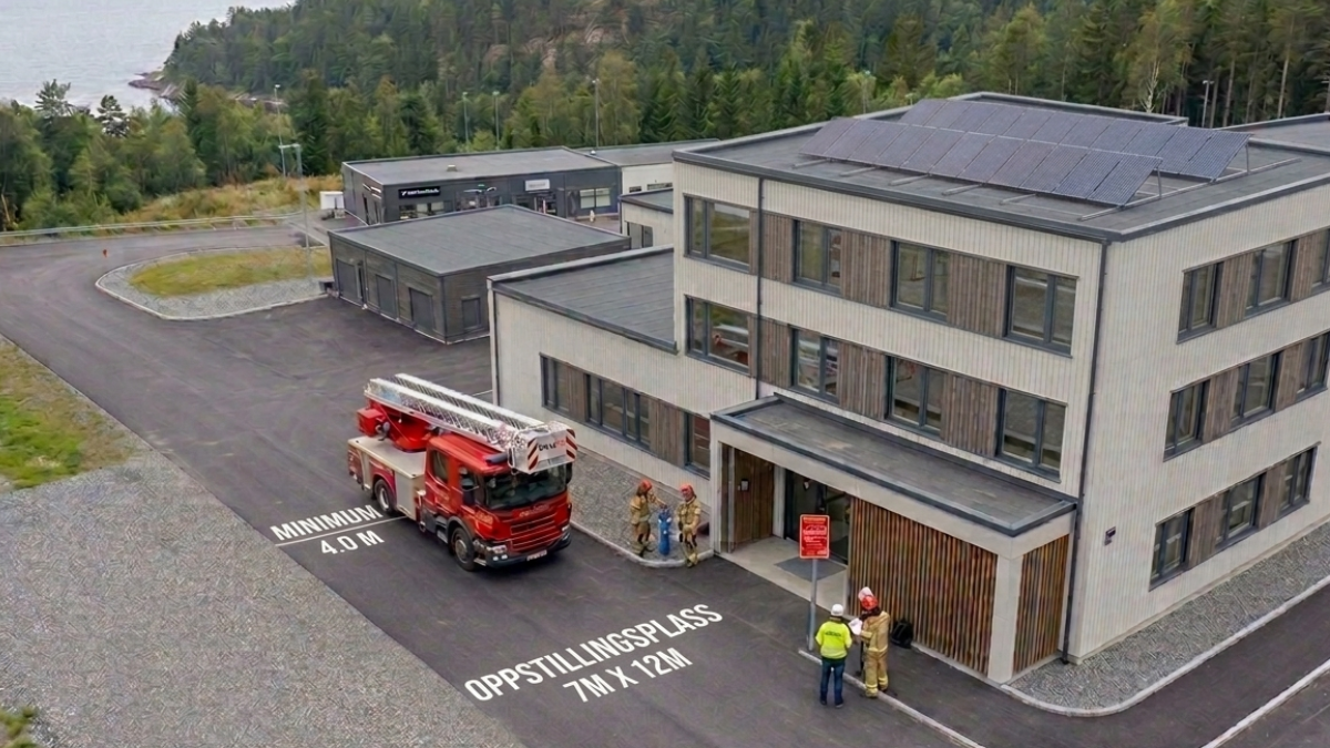Luftfoto av en rød brannbil foran en treetasjes næringsbygning med solcelletak. På asfalten står det «MINIMUM 4.0 M» og «OPPSTILLINGSPLASS 7M X 12M». Fire personer i refleksvester står ved en blå hydrant og et lite, rødt skilt nær inngangen.