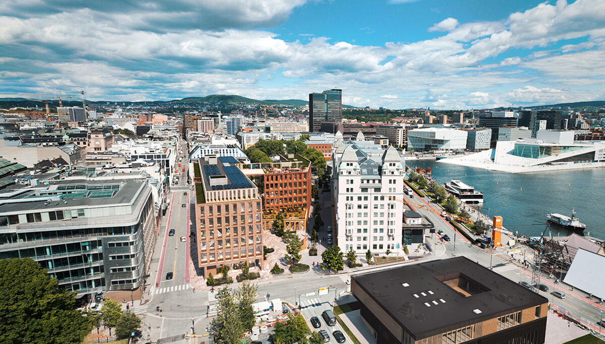 Det nye kontorbygget ( nederst til høyre i bildet) A4 Fiskebrygga i Oslo sentrum. Illustrasjon A-Lab. Det nye kontorbygget ( nederst til høyre i bildet) A4 Fiskebrygga i Oslo sentrum. Illustrasjon A-Lab.