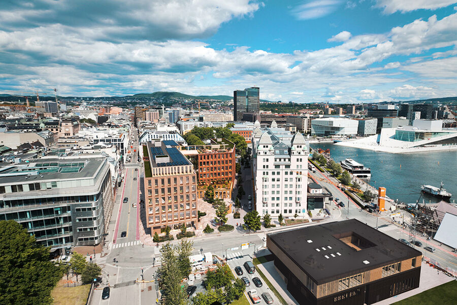Det nye kontorbygget ( nederst til høyre i bildet) A4 Fiskebrygga i Oslo sentrum. Illustrasjon A-Lab.
