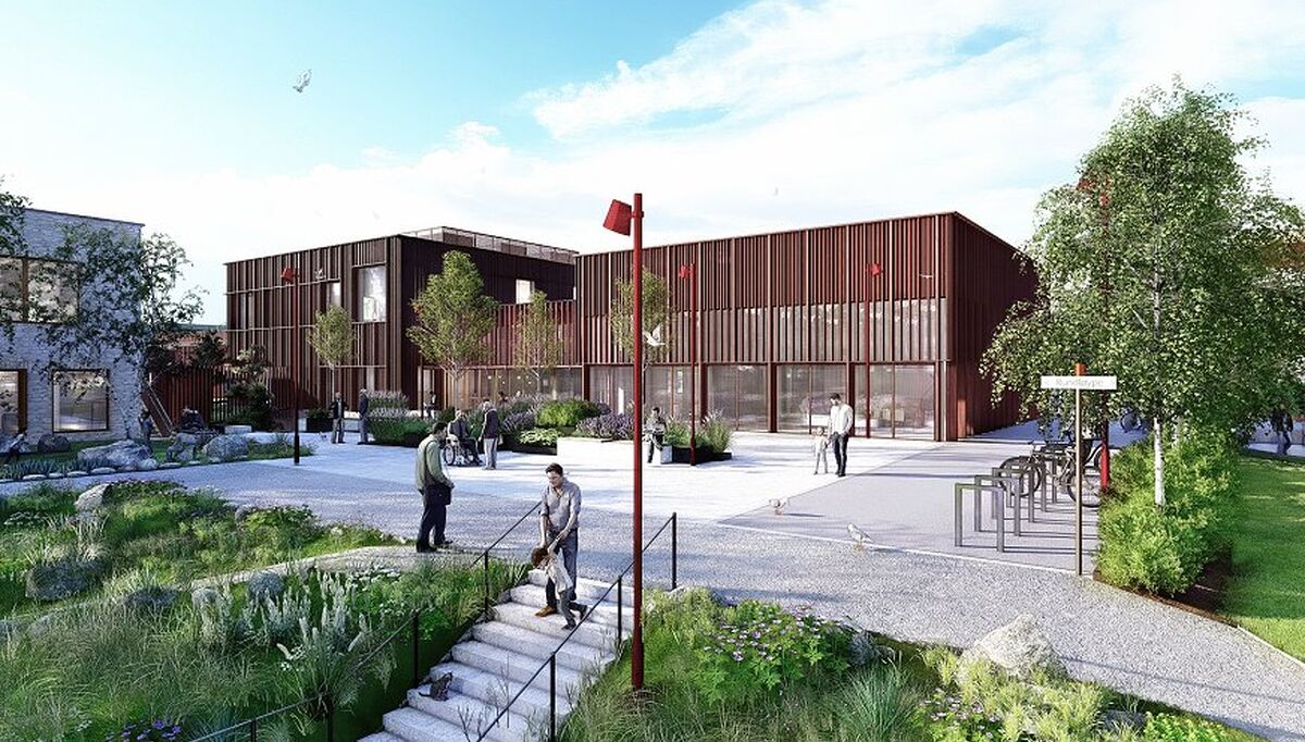 Solsiden er et nytt bo- og aktivitetssenter i Rana kommune, og skal samle flere helse- og omsorgstjenester i ett senter. Illustrasjon: PIR2 AS og Praksis arkitekter
