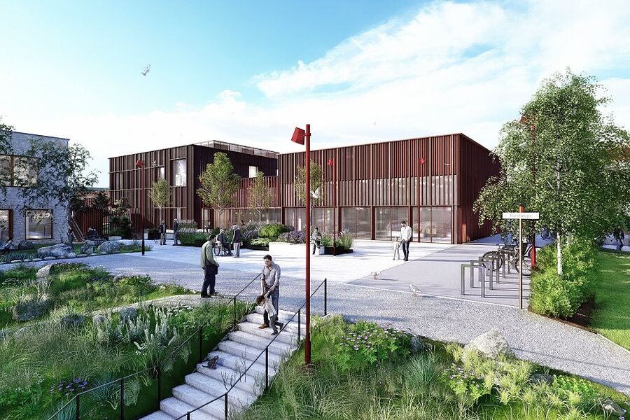 Solsiden er et nytt bo- og aktivitetssenter i Rana kommune, og skal samle flere helse- og omsorgstjenester i ett senter. Illustrasjon: PIR2 AS og Praksis arkitekter
