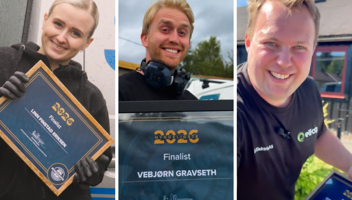 Her ser vi de tre finalistene fra elektrikerfaget som er med i konkurransen om å bli kåret til Norges Hyggeligste Håndverker. Fra venstre; Linn Finstad Eriksen, Søgne Elektriske, Vebjørn Gravseth, El-Midt og Christoffer Mouritsen, Dal Elektriske.