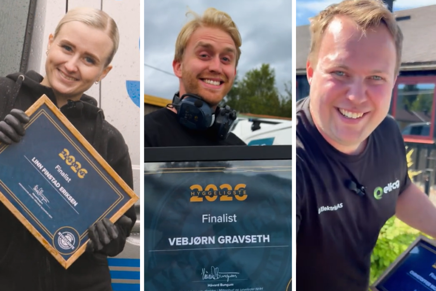 Her ser vi de tre finalistene fra elektrikerfaget som er med i konkurransen om å bli kåret til Norges Hyggeligste Håndverker. Fra venstre; Linn Finstad Eriksen, Søgne Elektriske, Vebjørn Gravseth, El-Midt og Christoffer Mouritsen, Dal Elektriske.