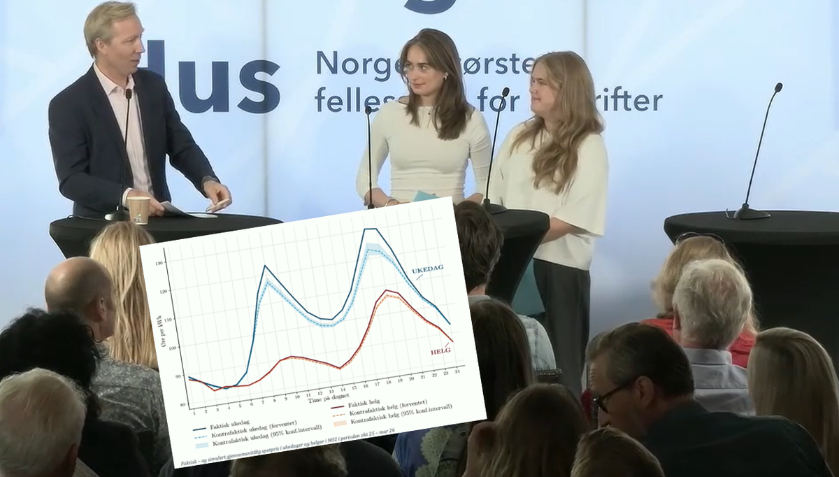 På Arendalsuka intervjuet Andreas Strømsheim-Aamodt fra NHO Elektro de to NTNU-studentene Kristine J.V. Moen og Synne Lefdal (lengst ti høyre)  som hadde analysert strømforbruket etter at Norgespris ble innført.