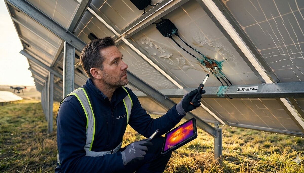 Stian Tollisen er blitt skremt over de mange avvikene han og kollegene i Rejlers finner på solcelleanlegg. Foto: Rejlers. Stian Tollisen er blitt skremt over de mange avvikene han og kollegene i Rejlers finner på solcelleanlegg. Foto: Rejlers.