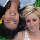 two girlfriends lying on the grass